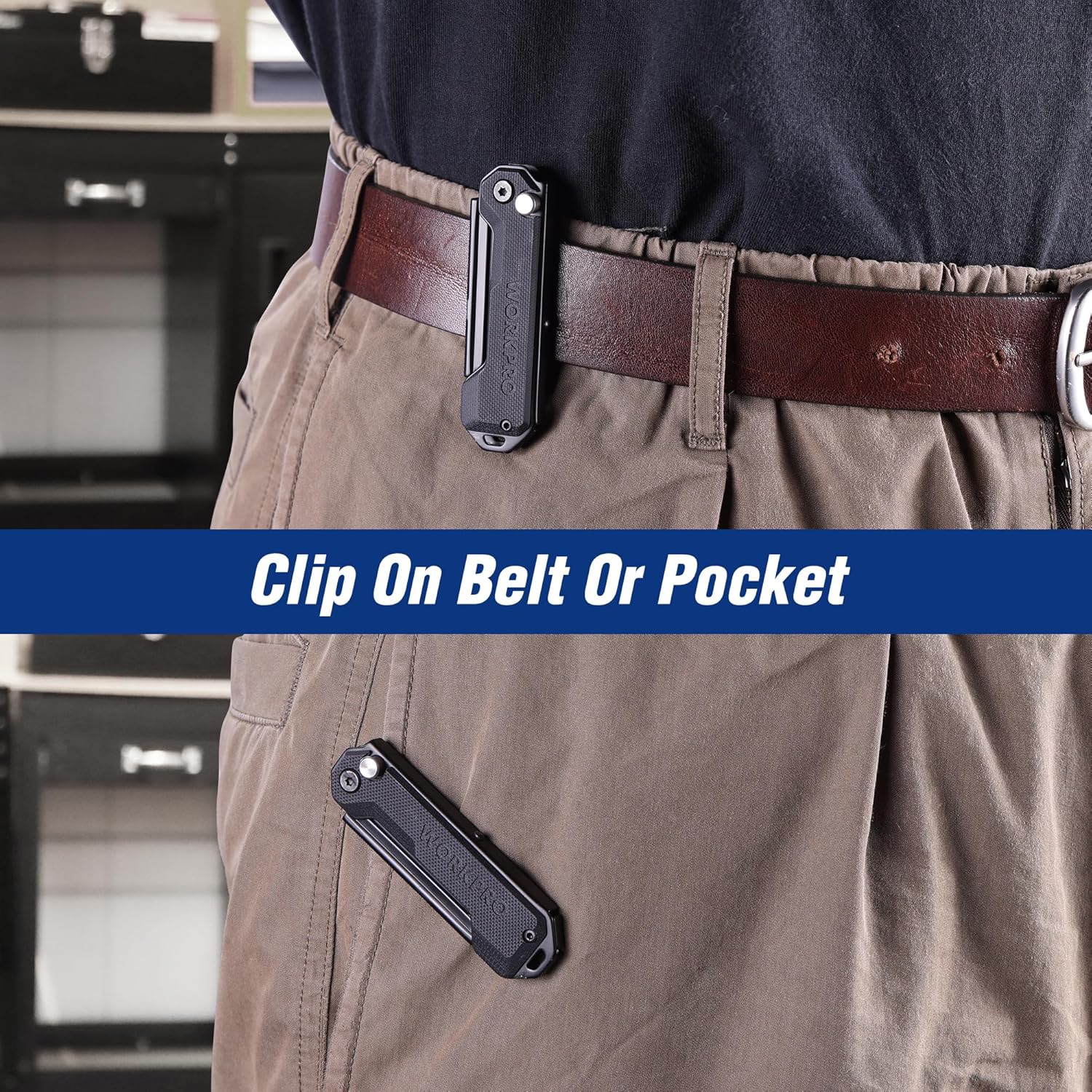 WORKPRO folding utility knife clipped to a work belt, black pocket box cutter