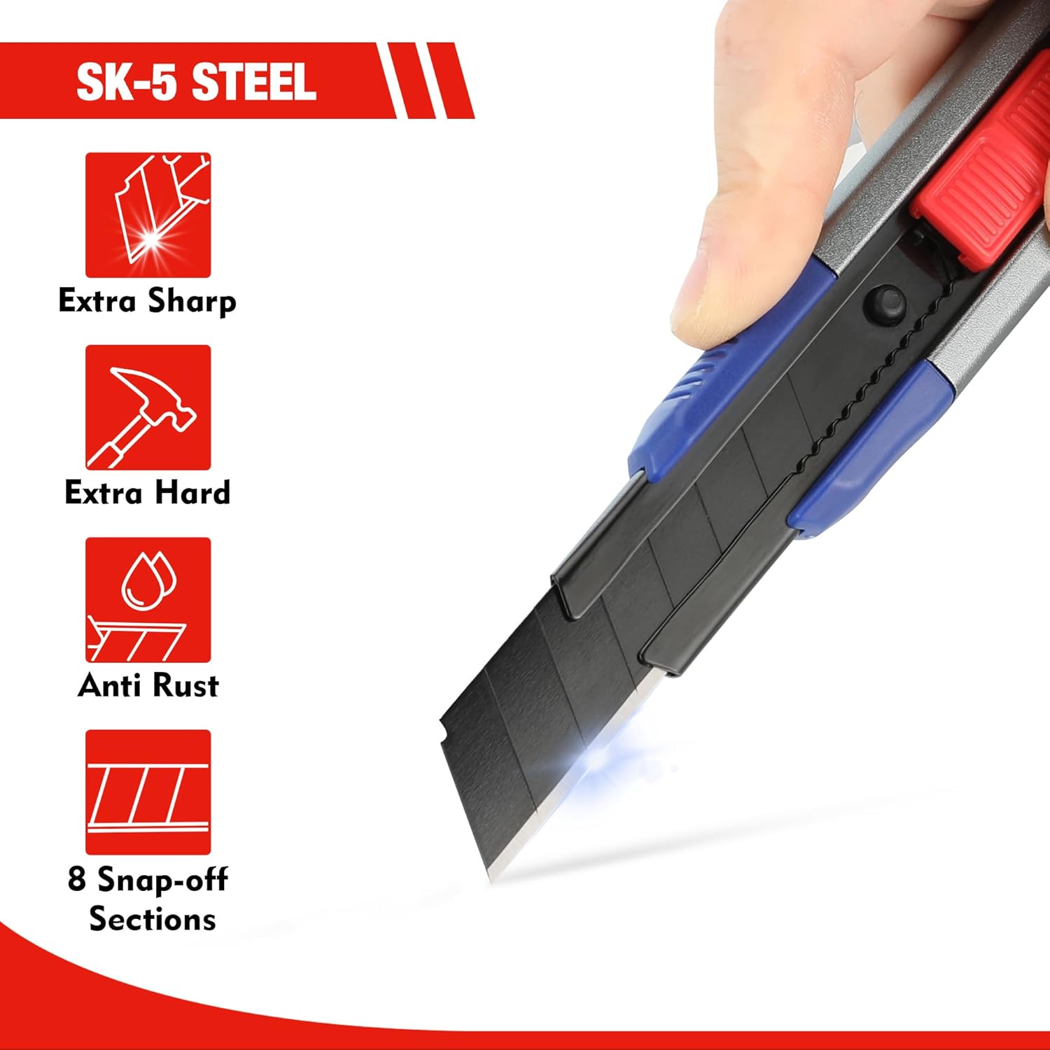 Snap-off utility knife blade with SK5 steel cutting edge and black coating