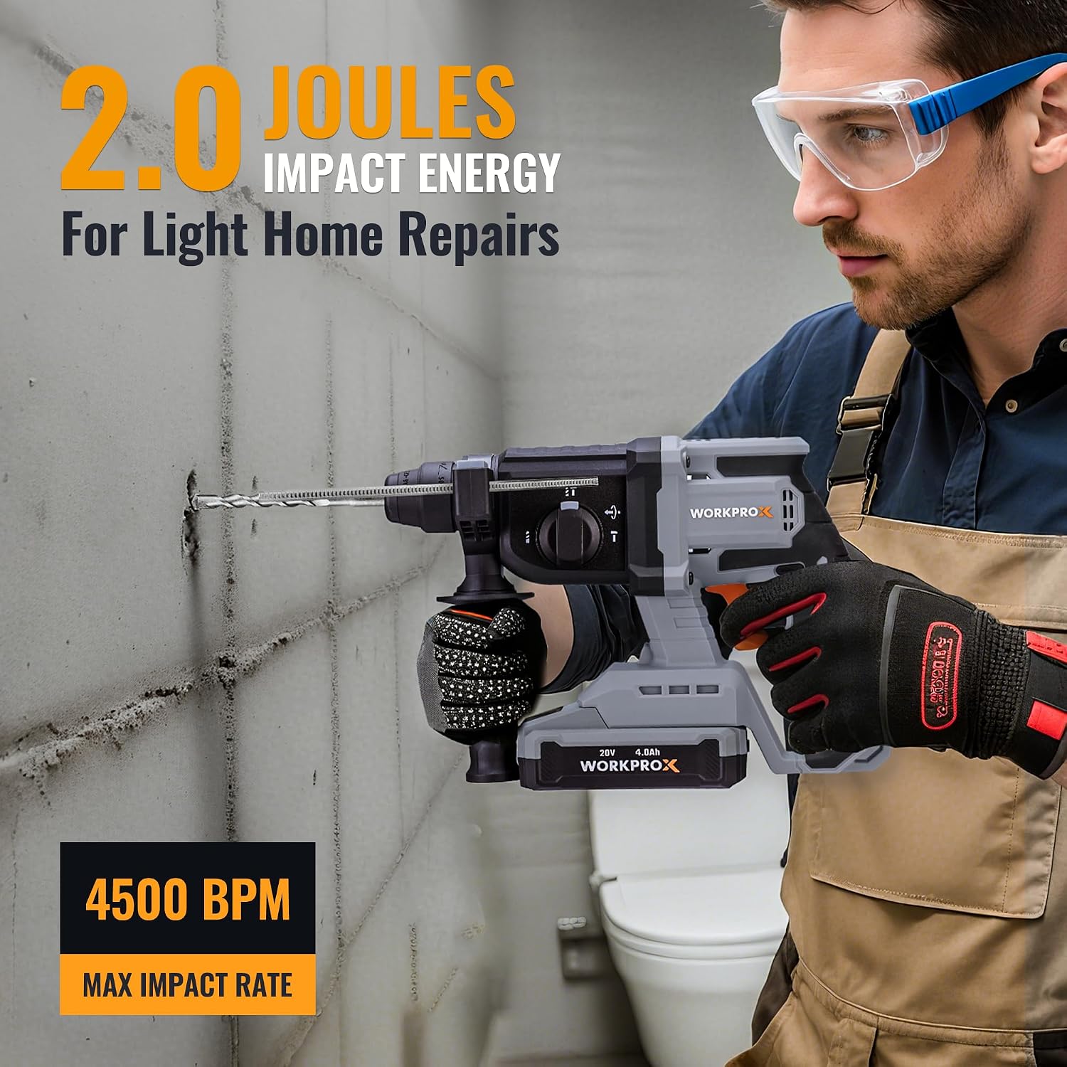 WORKPROX cordless rotary hammer drill with SDS-Plus chuck and auxiliary handle