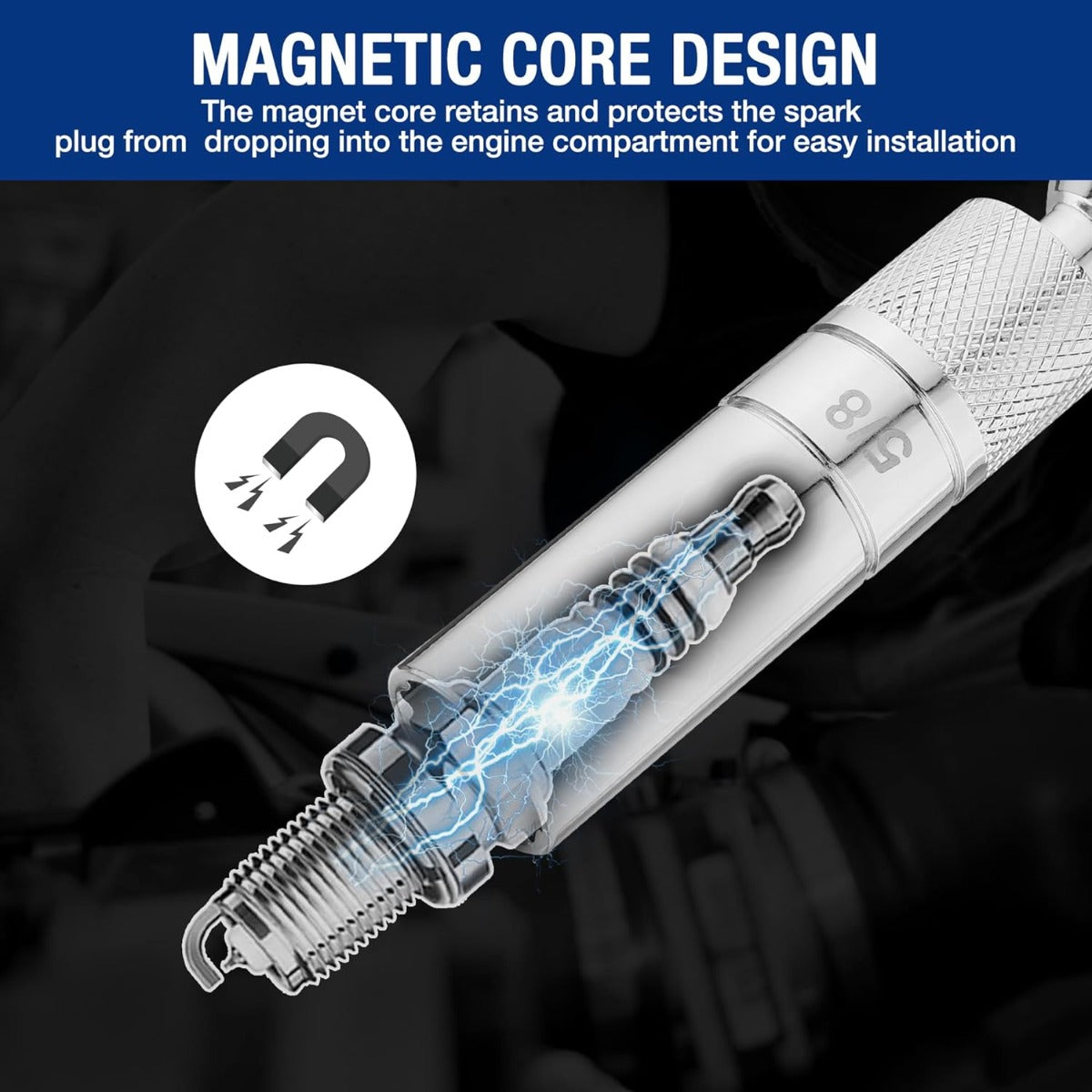 Magnetic swivel spark plug socket with 3/8 in drive, chrome finish, slim tip