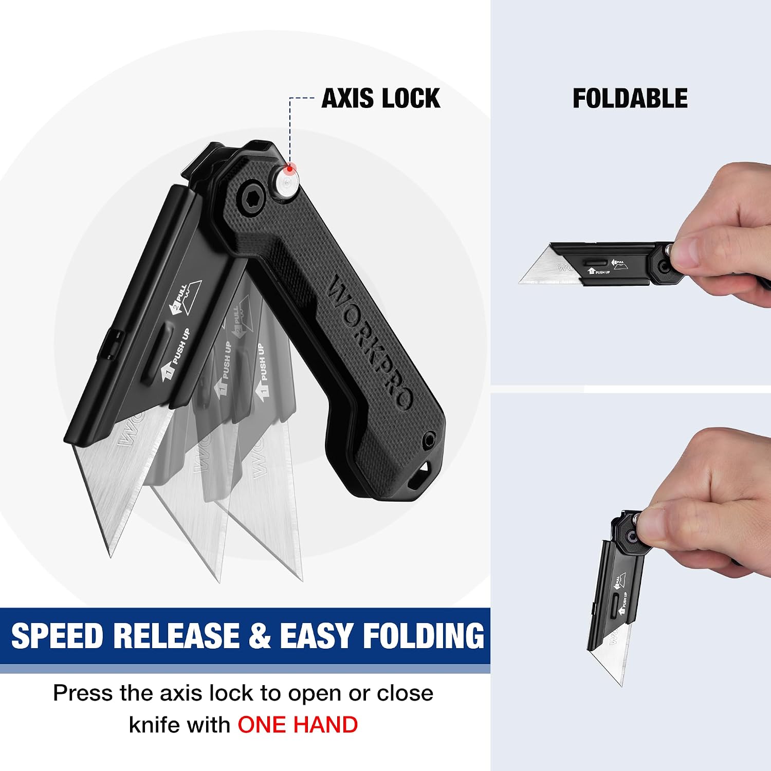 Foldable utility knife showing axis lock hinge and open blade position