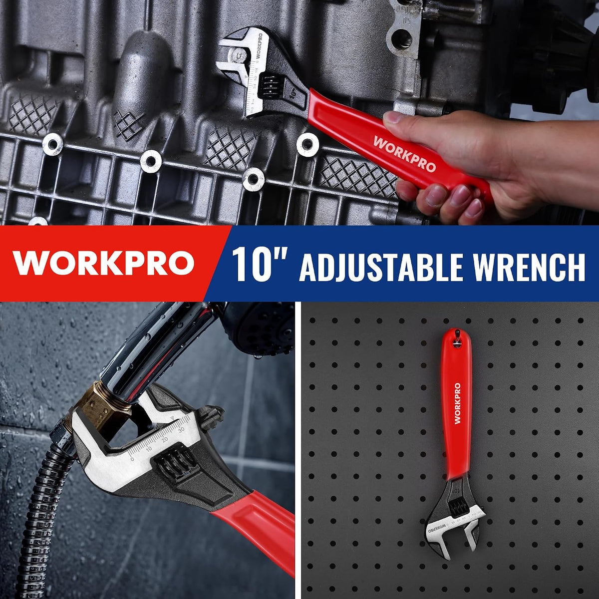 WORKPRO 10-Inch Adjustable Wrench, Cr-V Steel Wide Jaw Black Oxide Wrench