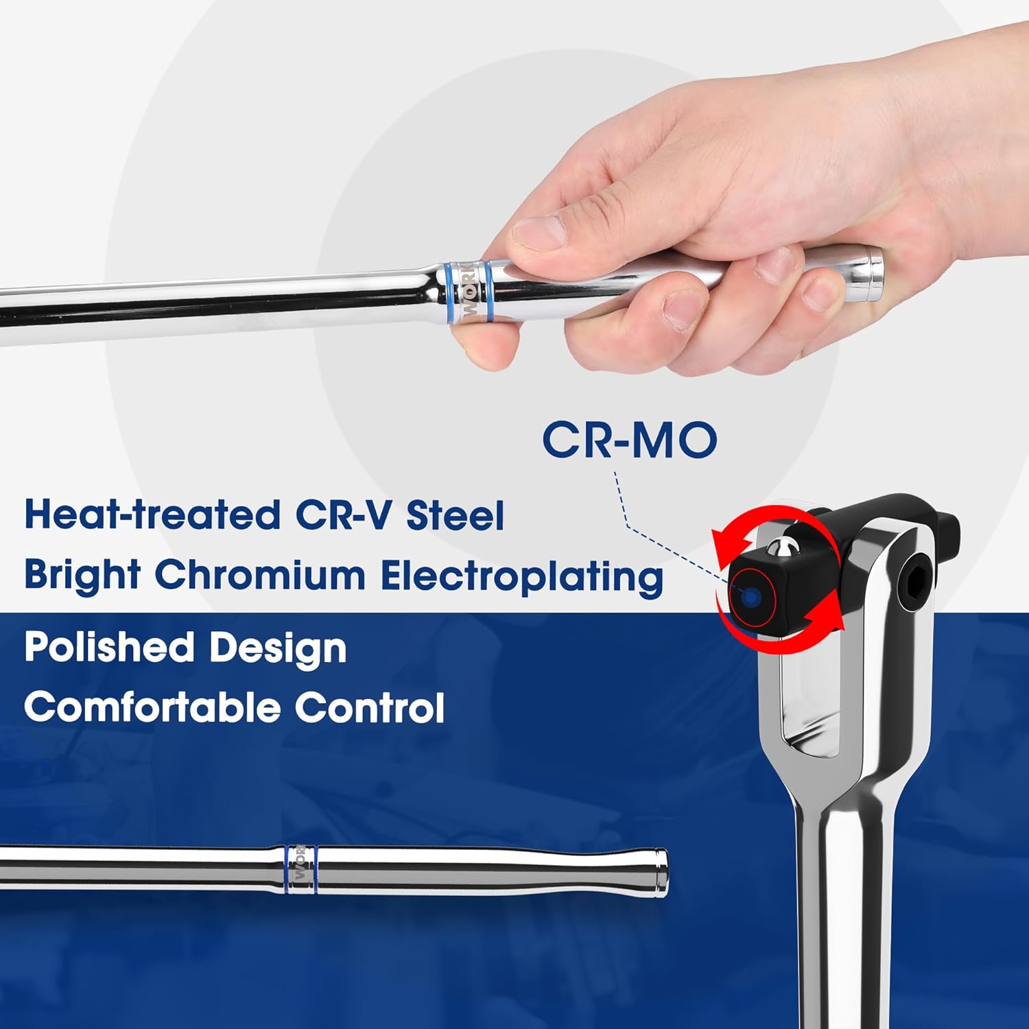 WORKPRO dual-drive breaker bar with polished chrome finish and comfortable control grip