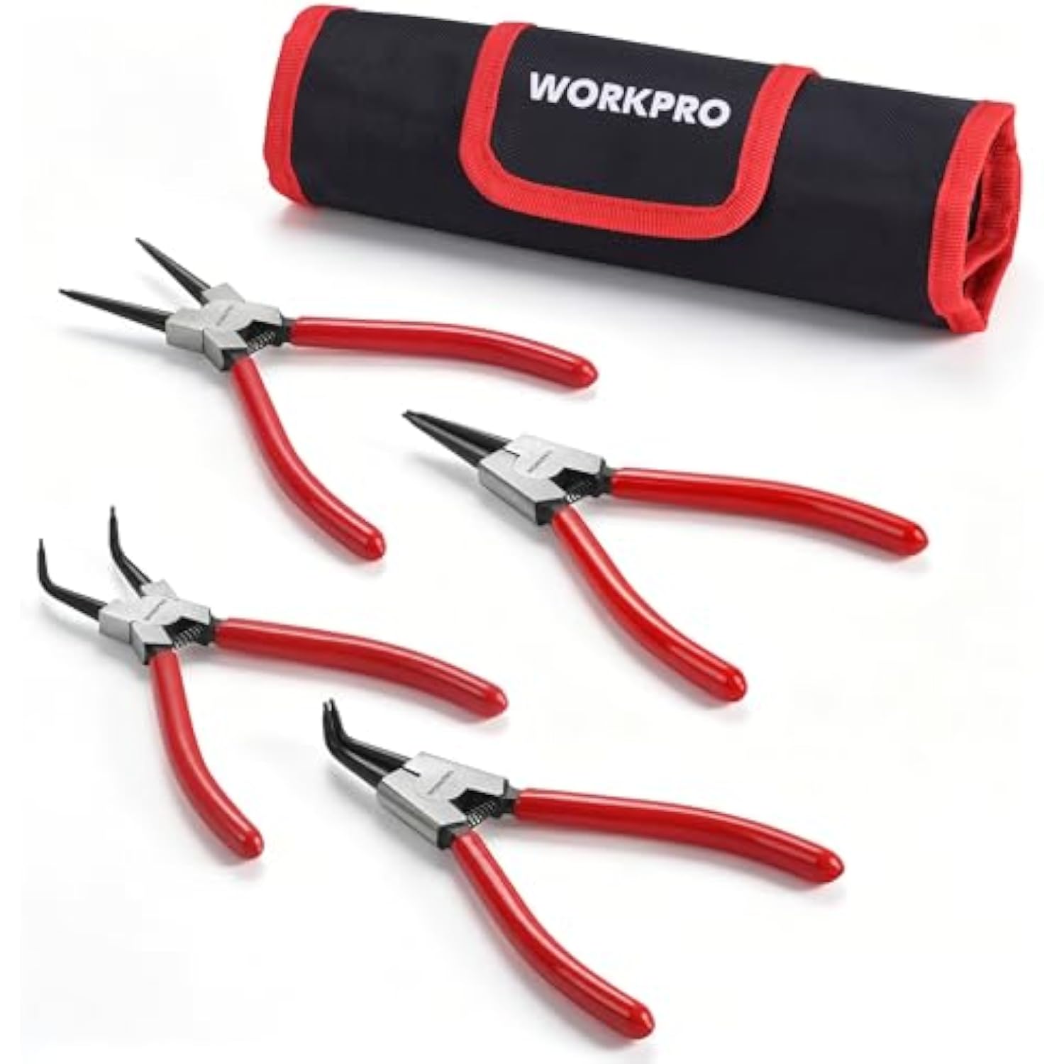 Snap ring pliers set with four red-handled internal/external tools and black pouch