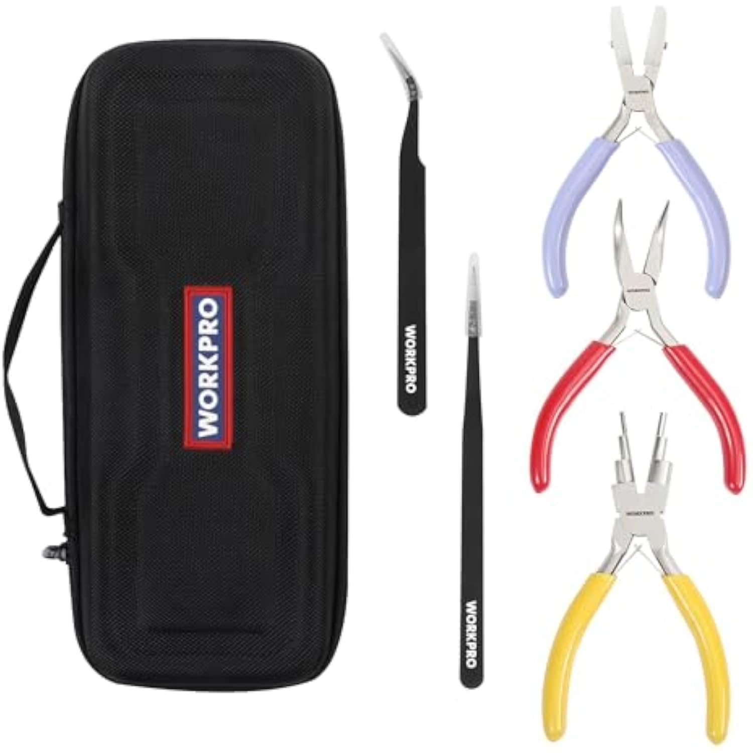 Jewelry pliers set with black zip case and mixed-color insulated handle pliers