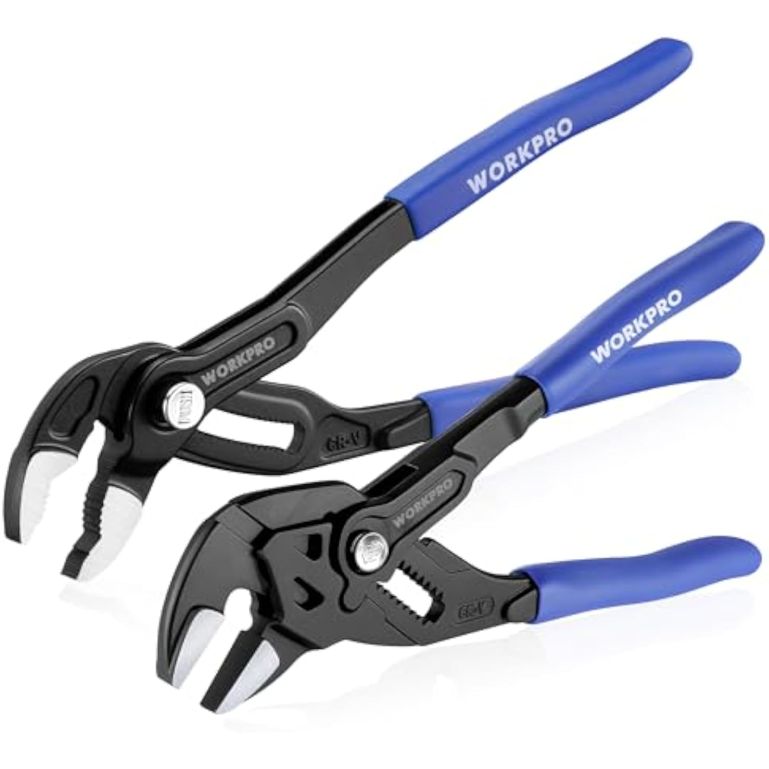 Set of adjustable groove-joint pliers with black jaws and blue ergonomic handles