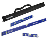 3-piece blue spirit level set with green vials and a black carrying bag