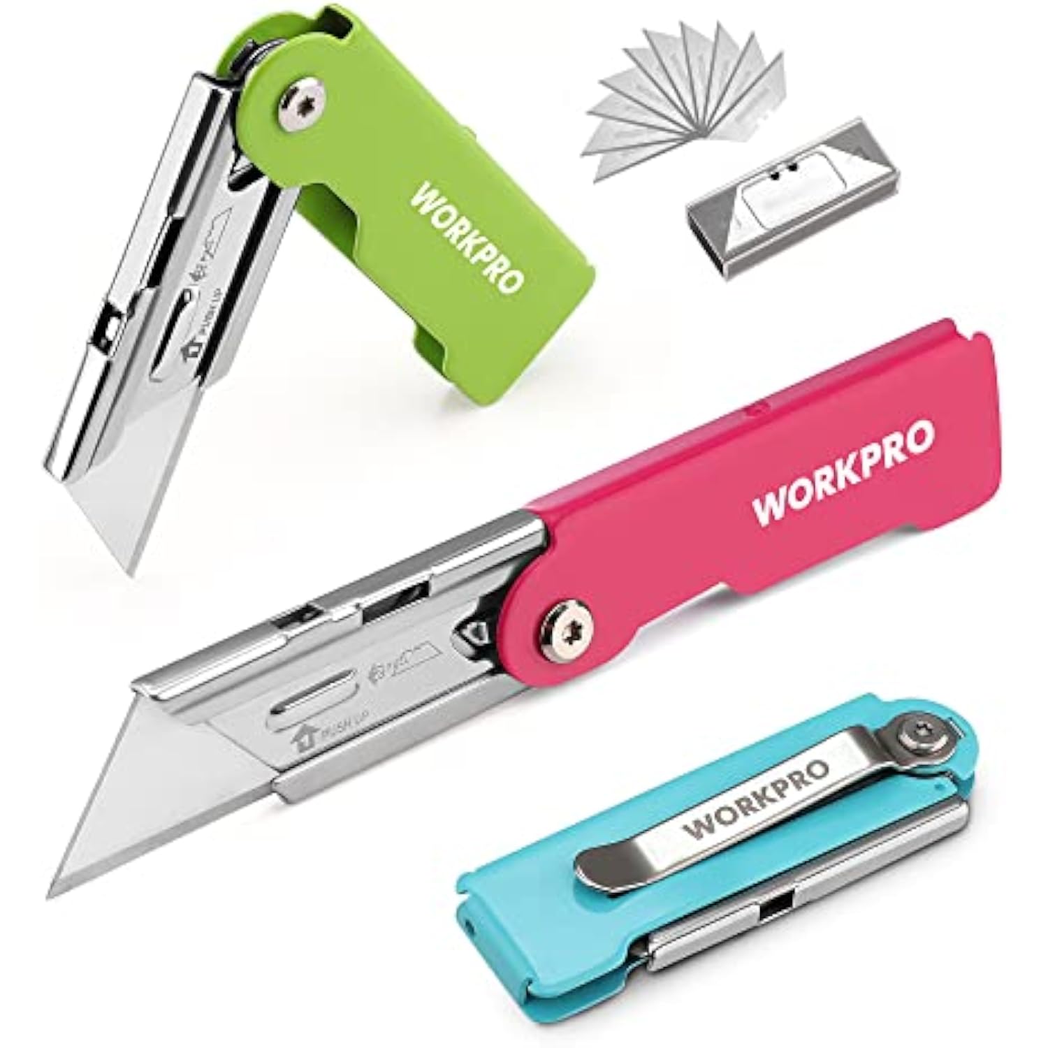 WORKPRO 3-Pack Folding Utility Knife Set, Quick Change Blade Box Cutter, Razor Knife with Belt Clip, 10 Extra SK5 Blades for Cartons, Cardboard and Boxes