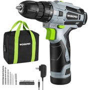Cordless drill kit with storage bag, drill bits, and charger base