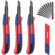 Retractable utility knife set showing multiple handle views with red and blue body