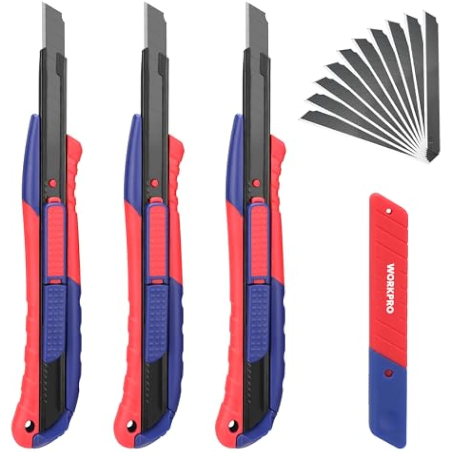 Retractable utility knife set showing multiple handle views with red and blue body