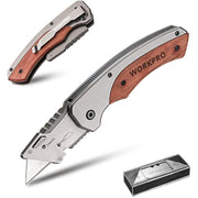 WORKPRO folding utility knife with rosewood handle, open blade and blade case