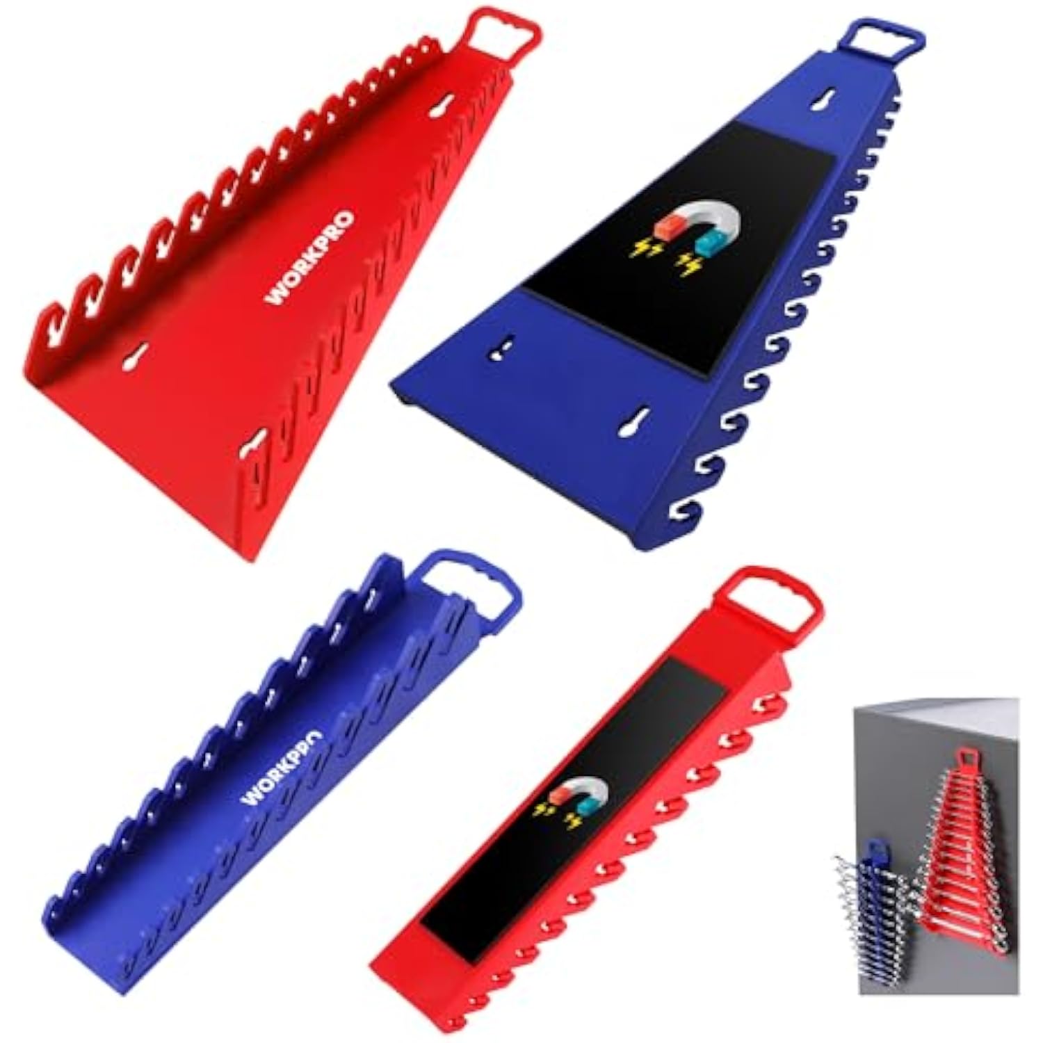 4-pack magnetic wrench organizer holders, blue and red racks with carrying handles and teeth