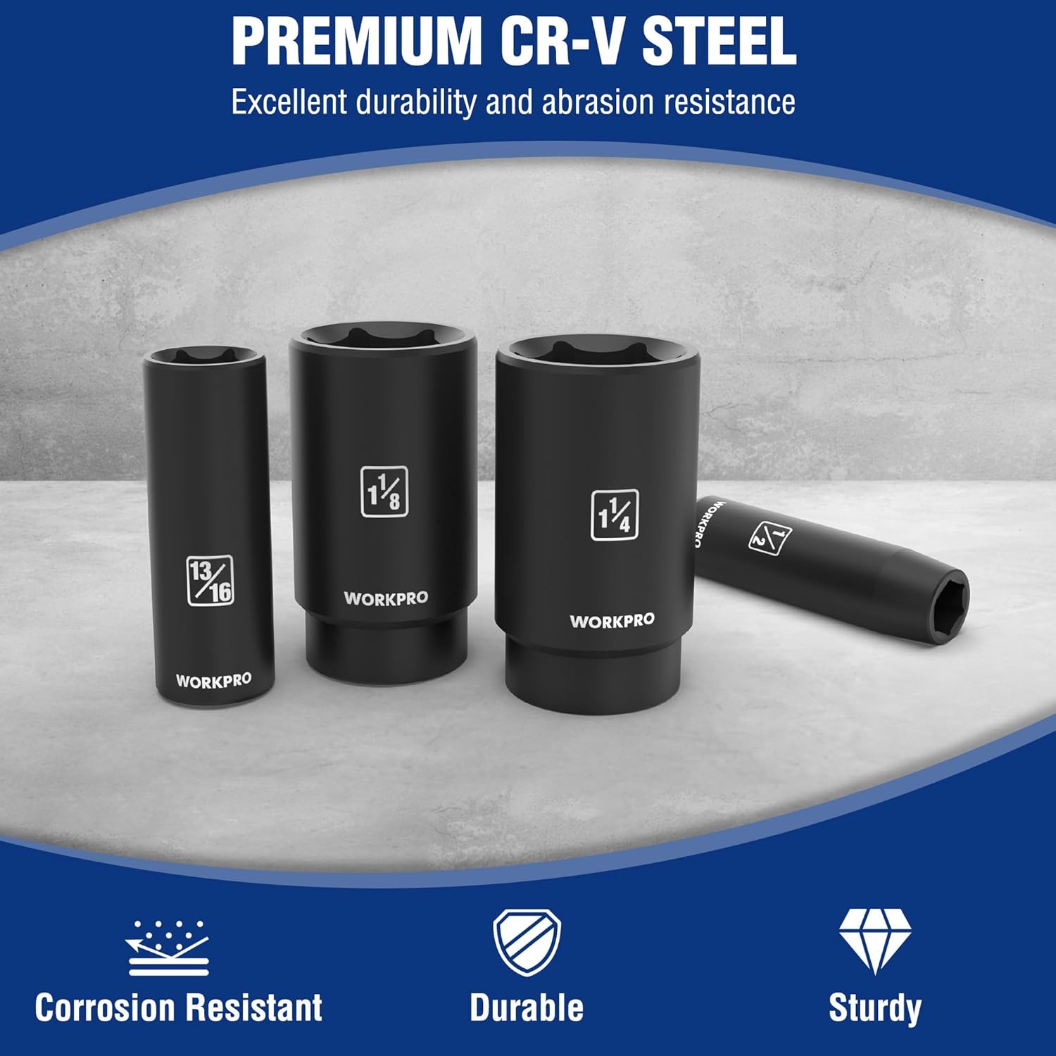 Black deep impact sockets labeled 1/4 and 1/1/8; CR-V steel set with sockets