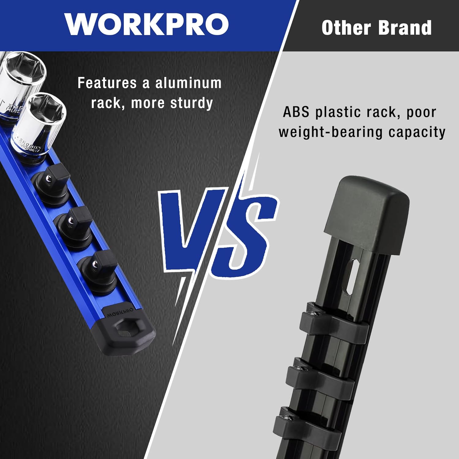 Blue magnetic socket rail with black clips and socket holders