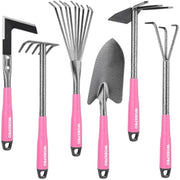 Assorted WORKPRO pink-handled garden tools with rake, weeder, hoe, and trowel heads