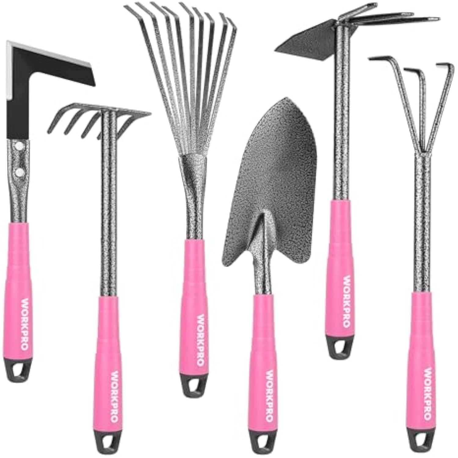 Assorted WORKPRO pink-handled garden tools with rake, weeder, hoe, and trowel heads