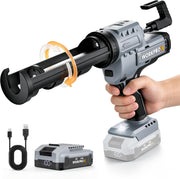 Cordless caulking gun with gray/black body and removable battery pack, orange band detail