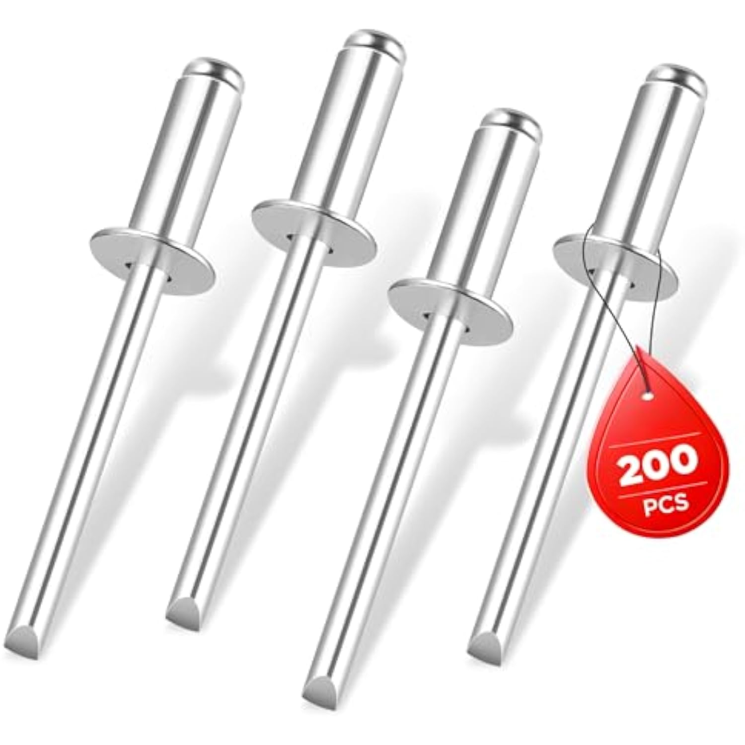 Silver aluminum blind rivets, 200-piece set, individual rivets with mandrel tips