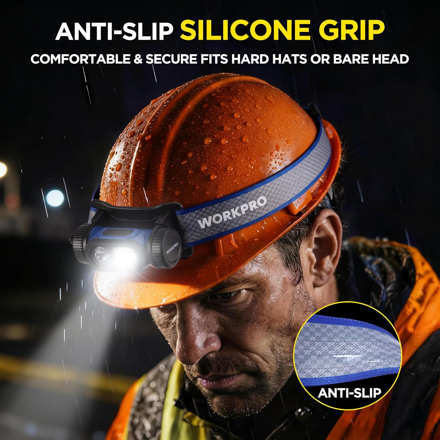 Headlamp with blue anti-slip grip on an orange hard hat; front LED shining
