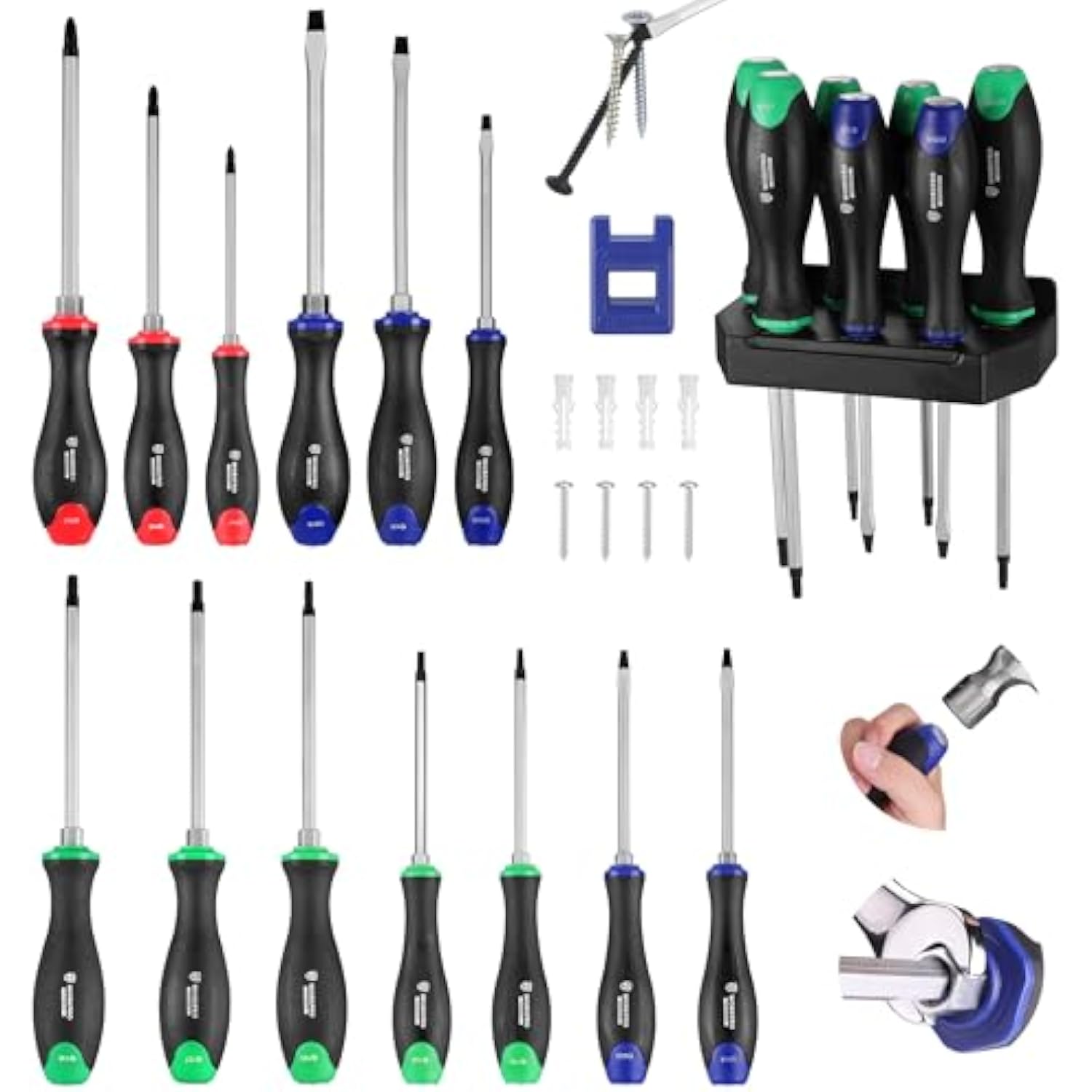 WORKPRO Magnetic Screwdriver Set 24-Piece, Go-Thru Screwdriver Set Kit with Wall Mount Rack, Includes Slotted, Phillips and Torx Screwdrivers, Magnetic Screwdriver with Magnetizer & Demagnetizer Tools