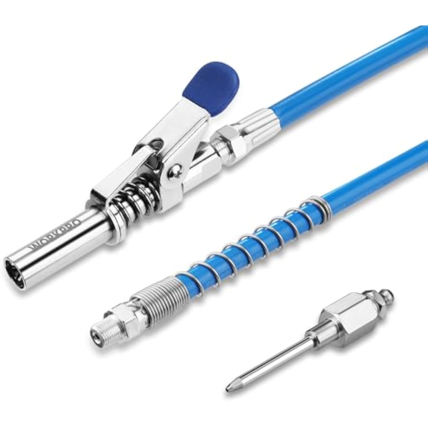 Grease gun coupler set with blue lever, blue hose coil, and needle tip