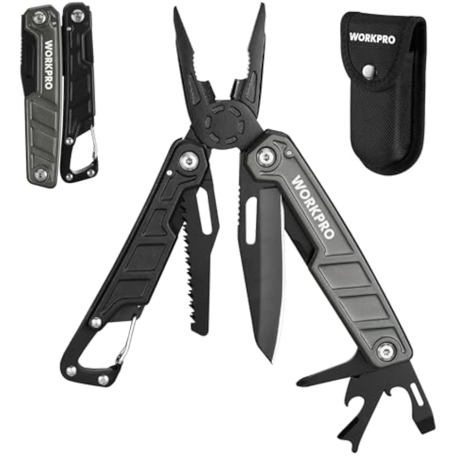 WORKPRO 11-in-1 multitool pliers with sheath, folded for compact pocket storage