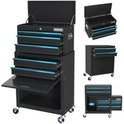 Black rolling tool chest with open work tray, multiple drawers, blue accent rails, casters