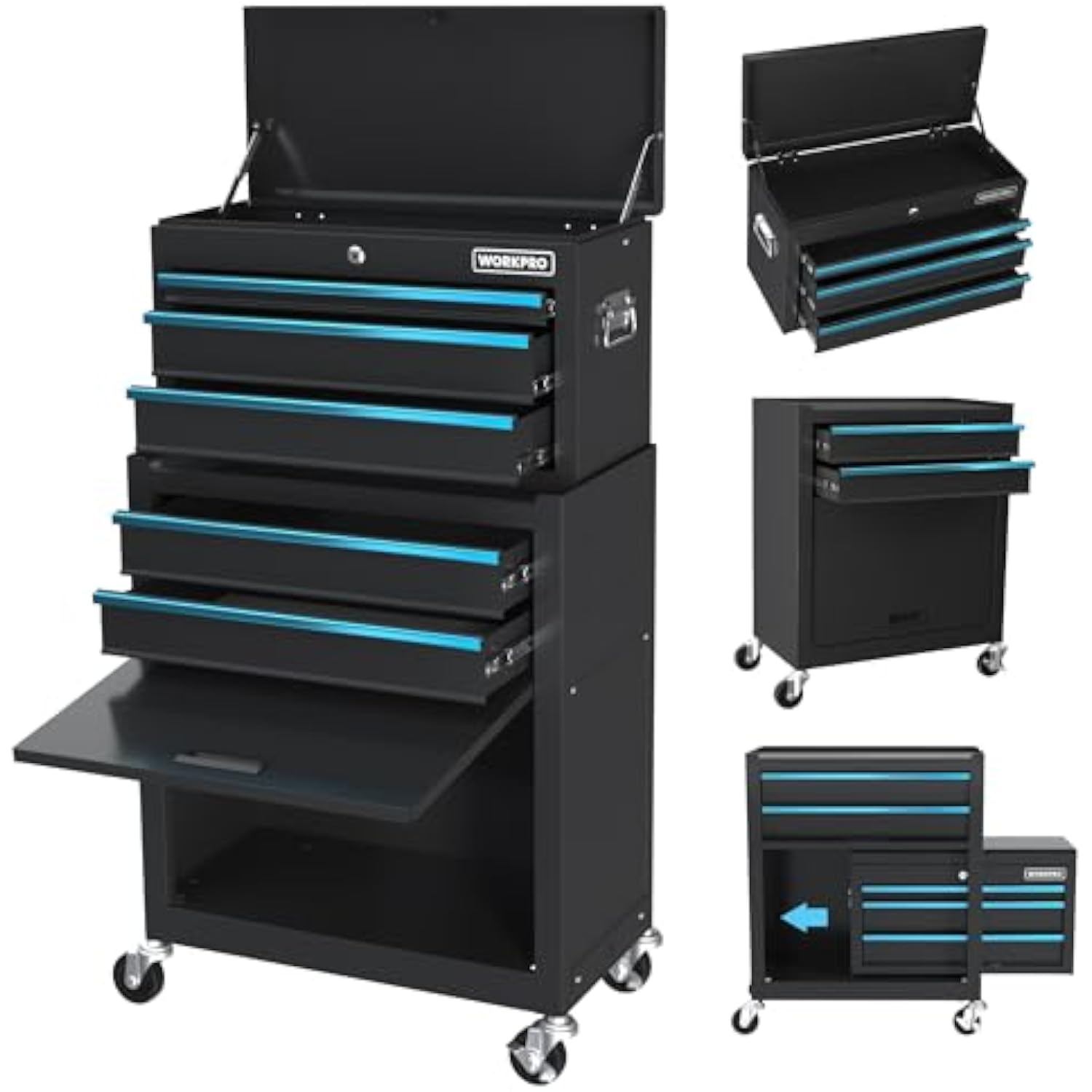 Black rolling tool chest with open work tray, multiple drawers, blue accent rails, casters