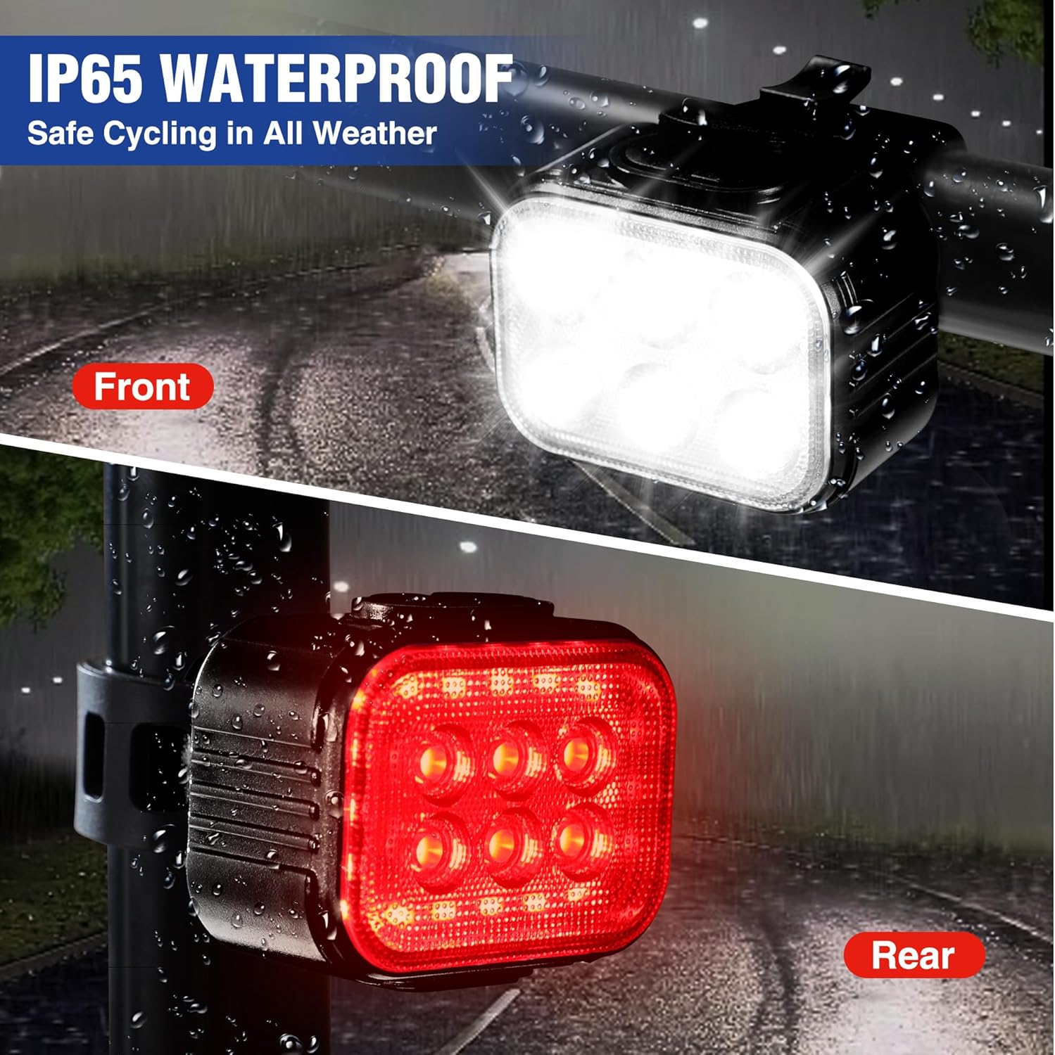 Rechargeable bike headlights and taillights: white front LED and red rear LED on black