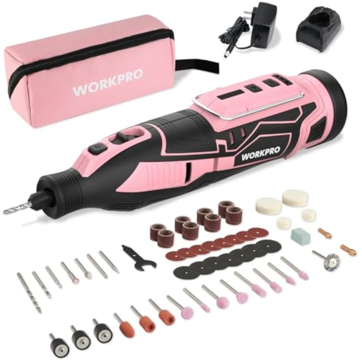Pink cordless rotary tool kit with storage pouch and assorted drill and sanding bits
