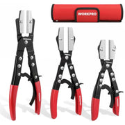 Three hose pinch pliers with silver serrated jaws, red handles and black body