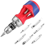 12-in-1 stubby ratcheting screwdriver with red/blue handle and multiple double-end bits