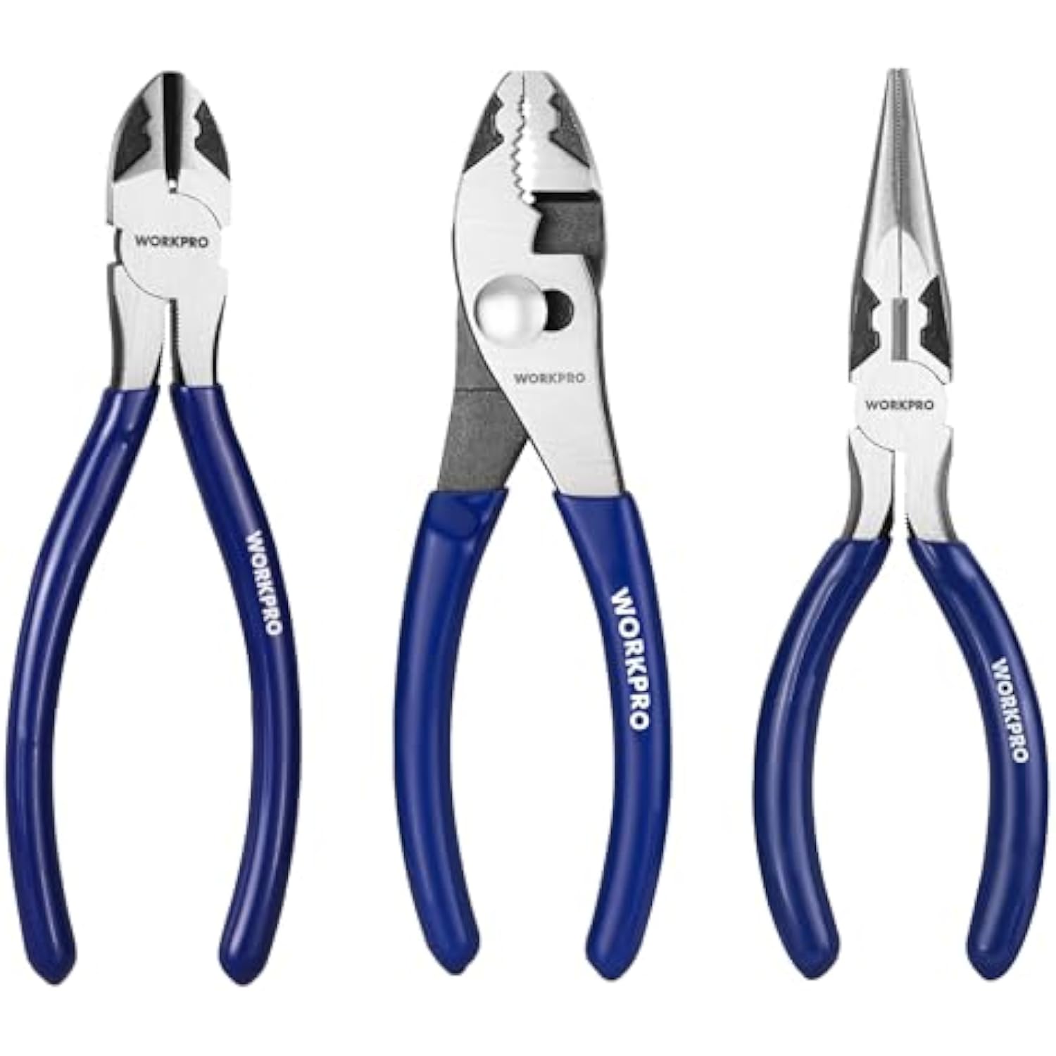 WORKPRO 3-piece pliers set: needle nose, slip joint, and diagonal pliers, blue handles