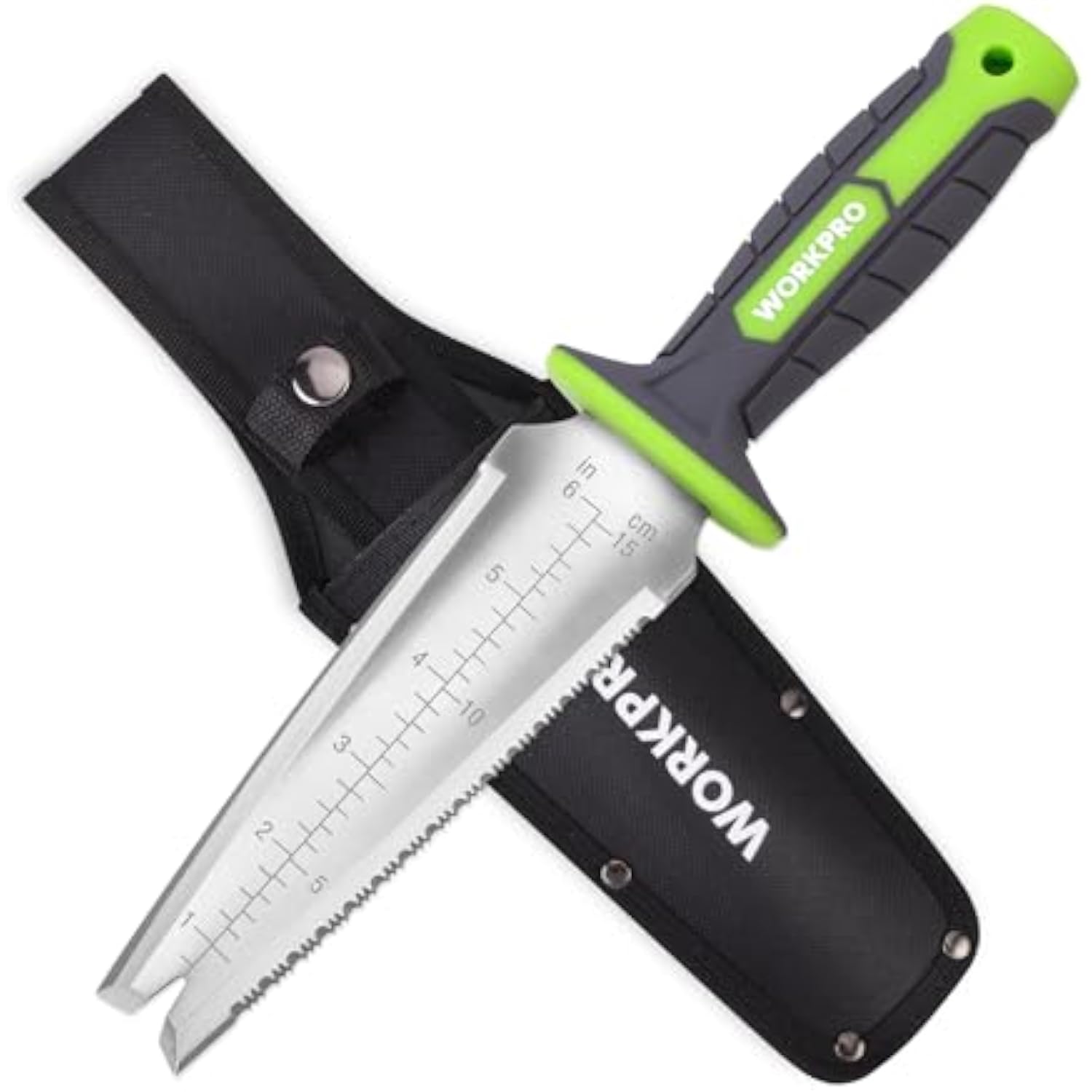Garden hori hori knife with stainless serrated blade and black Oxford sheath with button