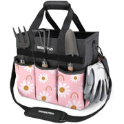 WORKPRO floral pink tool organizer tote with black top handles and side pockets