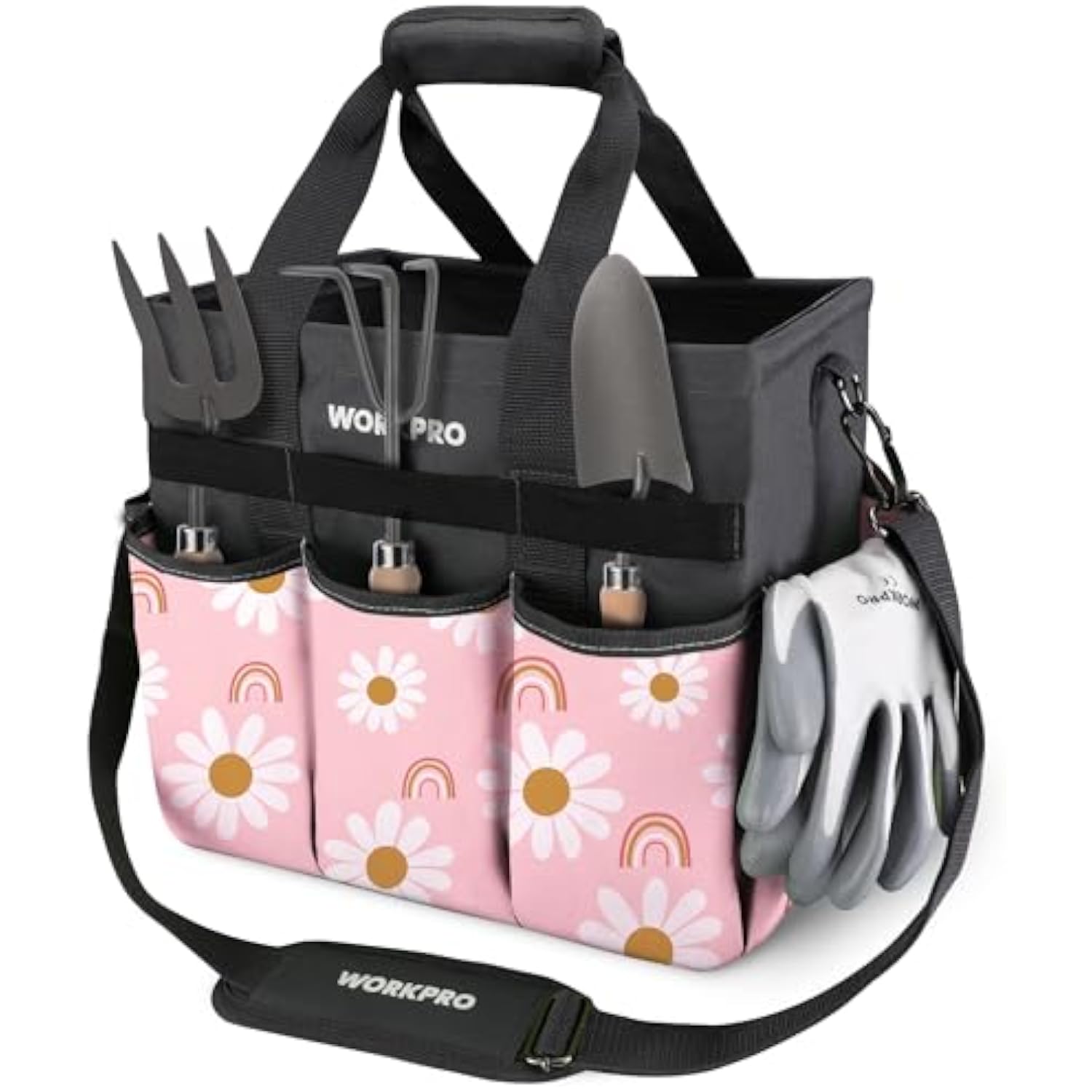 WORKPRO floral pink tool organizer tote with black top handles and side pockets