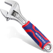 Chrome adjustable wrench with red/blue TPR handle and wide jaw opening