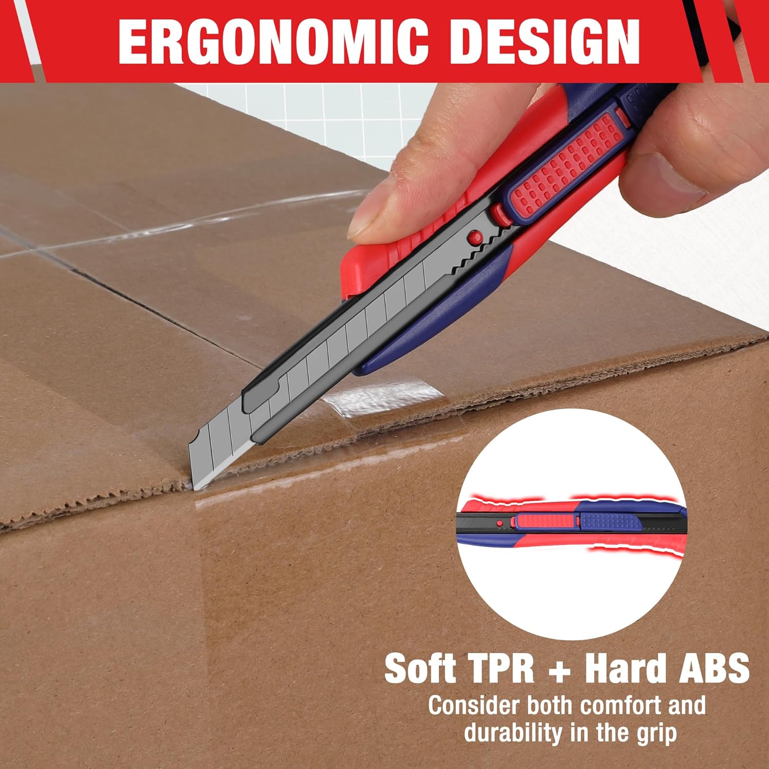 Retractable utility knife with soft TPR and hard ABS grip, blade extended