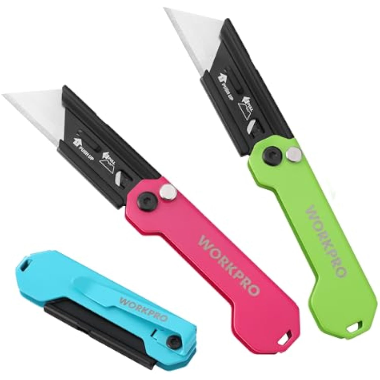 Three folding utility knives with safety locks: green, pink, and blue with black blades