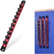 Red magnetic socket rail with black clips beside mounted socket board storage