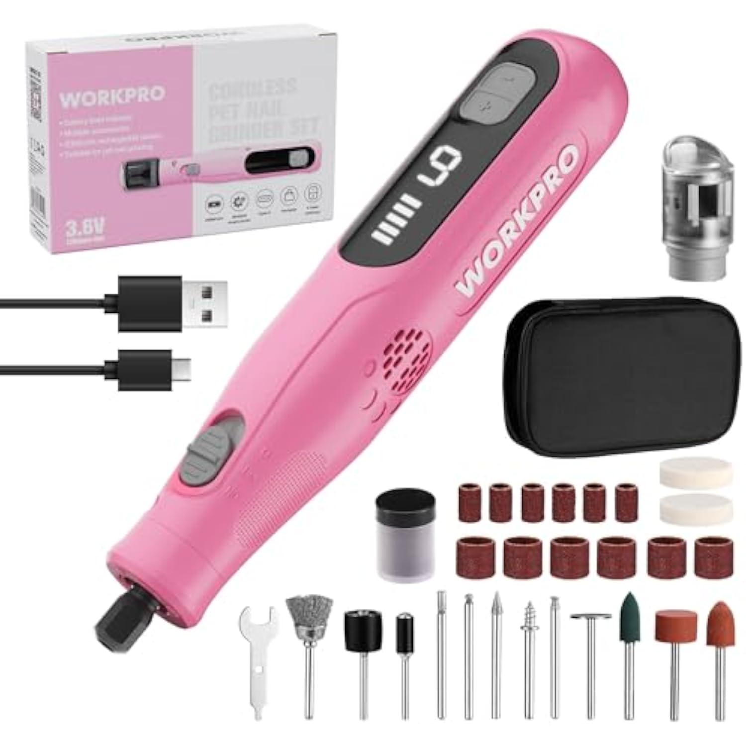 WORKPRO 3.6V Cordless Rotary Tool Kit, 70 Accessories, 6 Variable Speeds, Type-C Rechargeable, Mini Power Rotary Tool for Engraving, Sanding, Polishing and Pet Nail Grooming