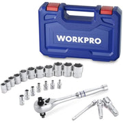 WORKPRO socket wrench set with blue case, metric sockets, and ratchet handle