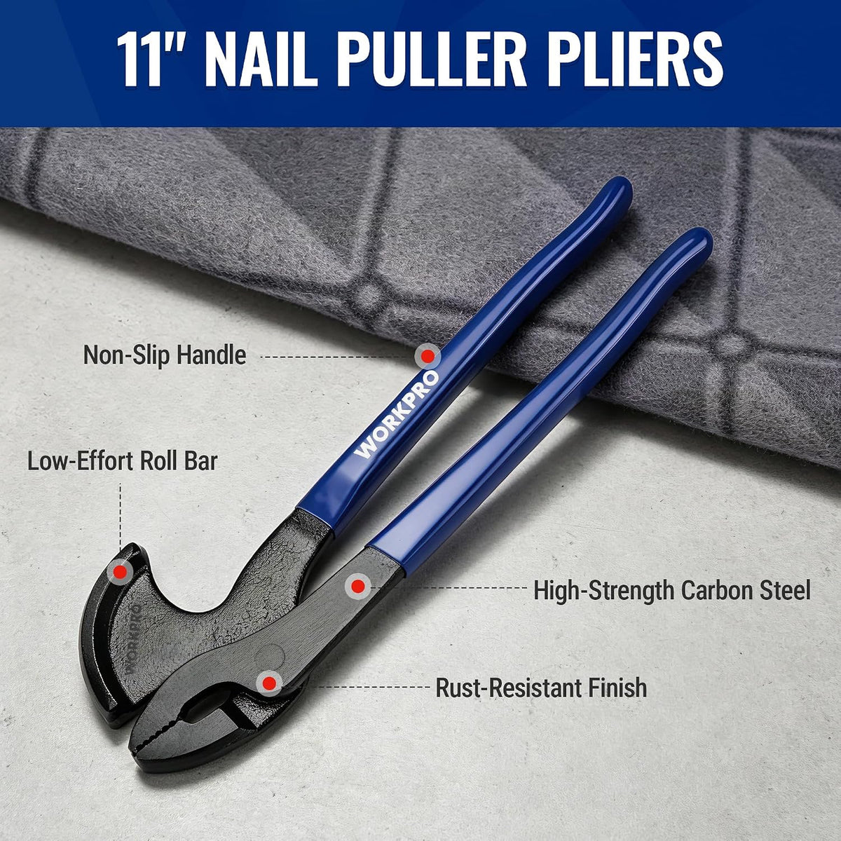 Workpro 11 inch nail puller pliers in blue with non-slip ergonomic handles, curved fulcrum head and carbon steel jaws.