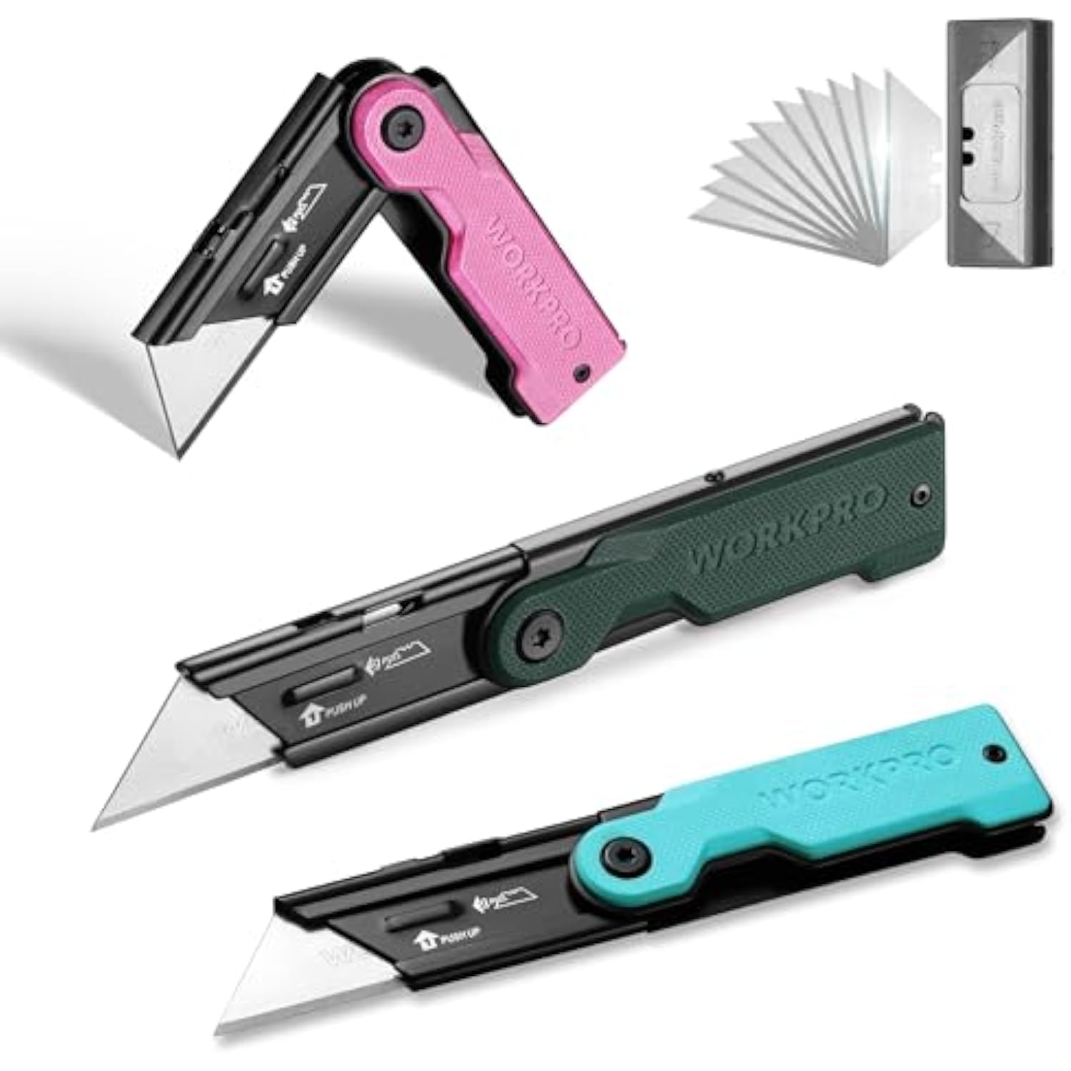 WORKPRO 3-Pack Folding Utility Knife Set, G10 Handle Box Cutter with 10 Extra SK5 Blades, Quick-Change Razor Knife with Belt Clip, EDC Utility Knife for DIY, Office, Home – Multicolor