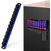 Magnetic screwdriver and wrench organizer rail with blue side strip and 12 tool slots