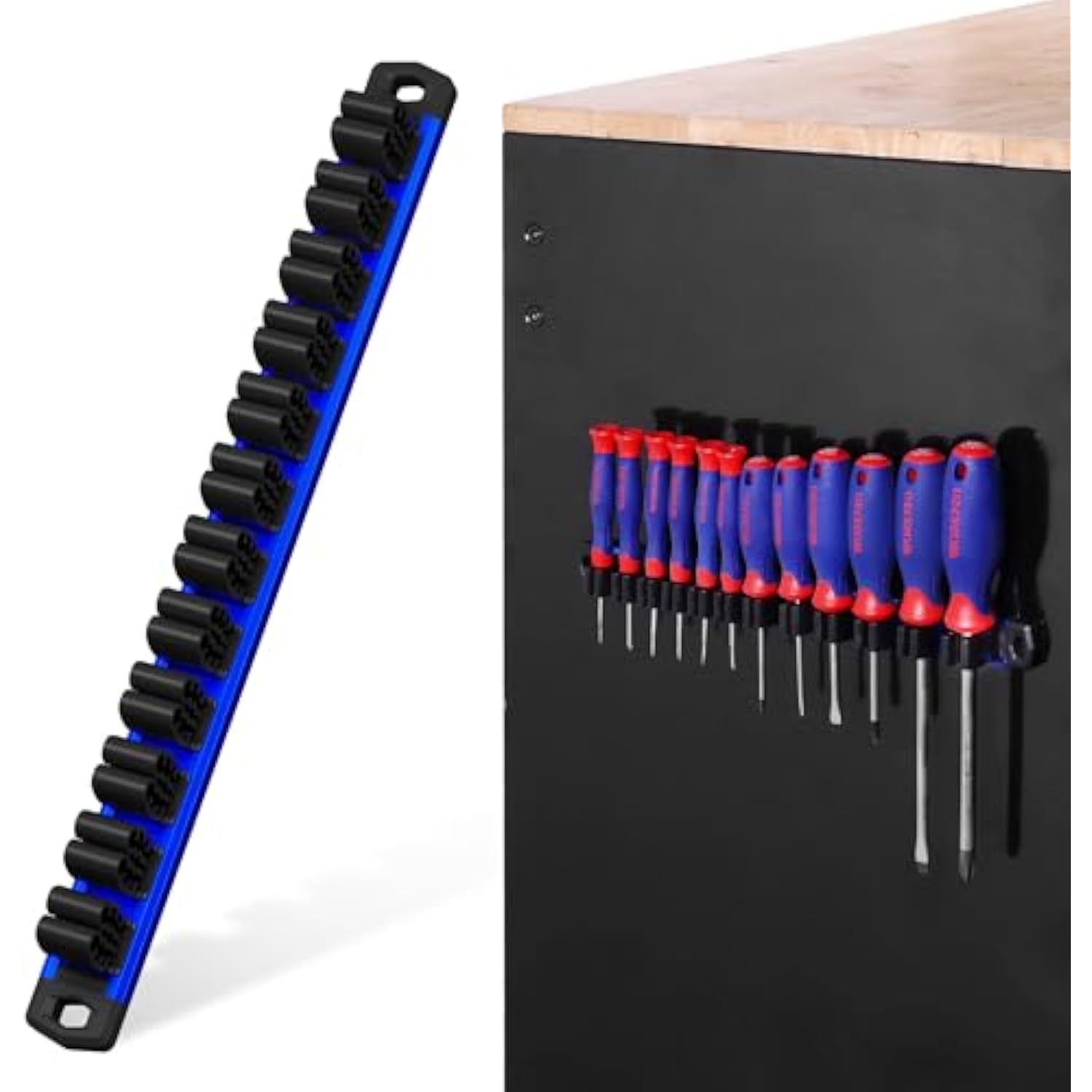 Magnetic screwdriver and wrench organizer rail with blue side strip and 12 tool slots