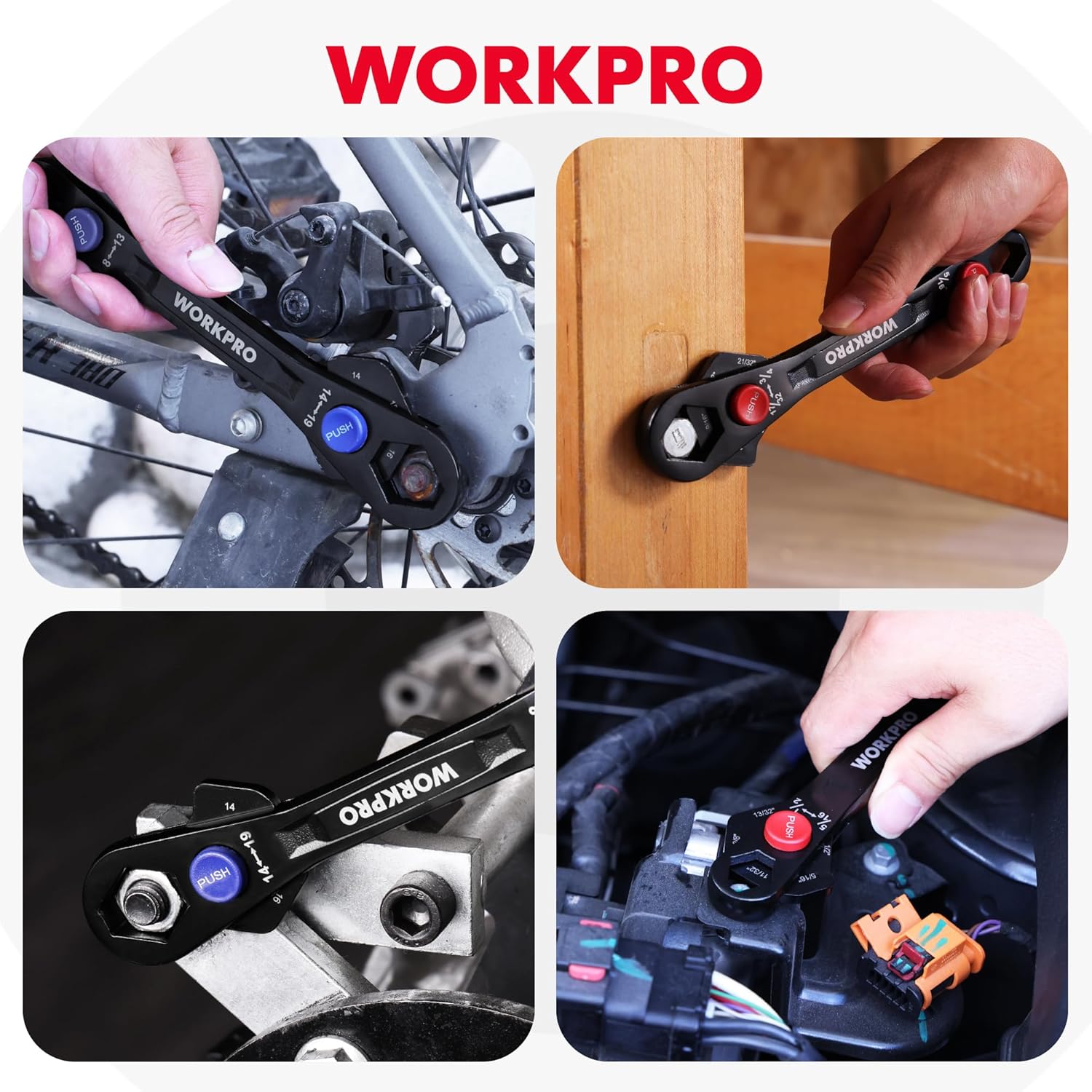 Adjustable WORKPRO wrench with multi-position head and push-button controls, used on tools