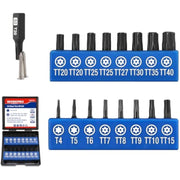 Torx bit set with two blue inserts of black tamper-proof bits and small storage case