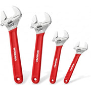 Red adjustable wrench set showing four sizes: 6, 8, 10, and 12 inch